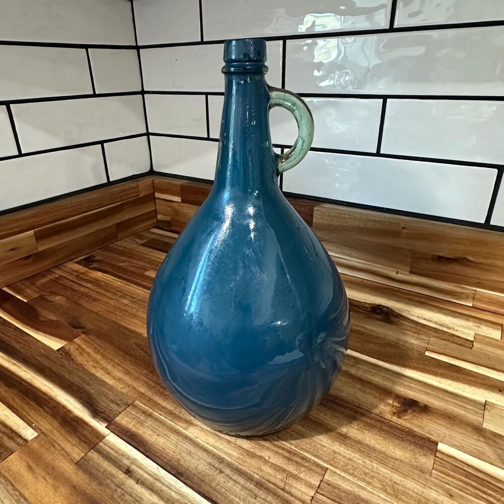 Vtg Blue Gallon Jug Bottle Round Belly Long Neck Handle -Cottagecore12.5” x 7.5”